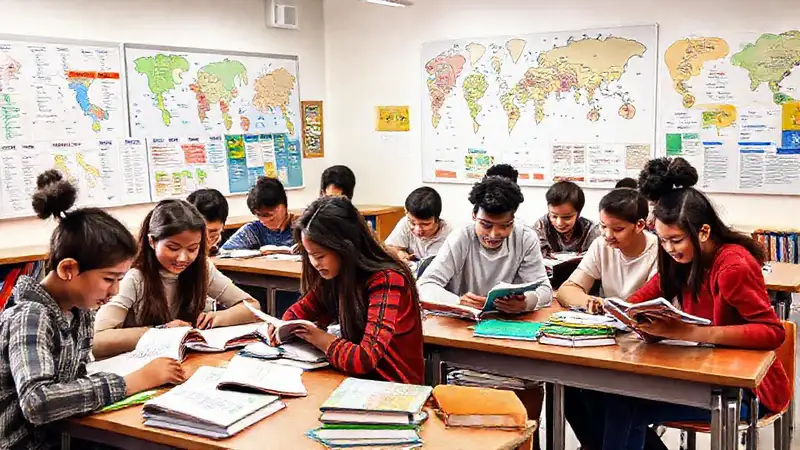 Estudiantes diversos en aula multicultural y vibrante