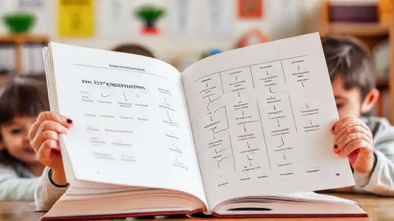 Libro abierto con símbolos y diagramas coloridos