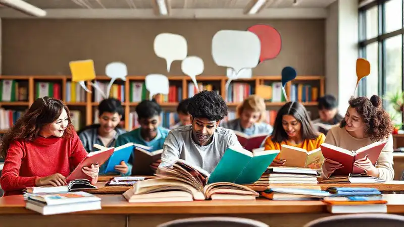 Estudiantes estudiando en aula moderna y diversa