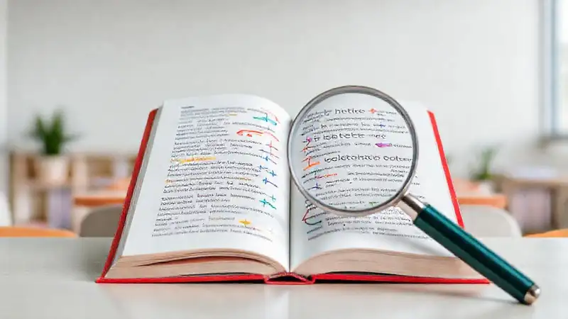 Libro abierto con diagramas lingüísticos coloridos