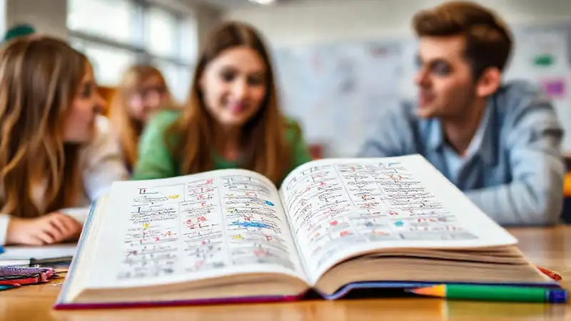 Libro abierto con notas en aula moderna