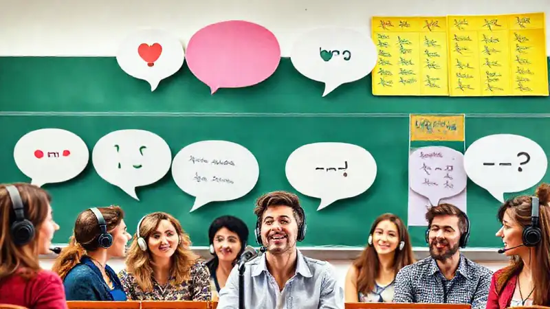 Personas practicando pronunciación en aula colorida